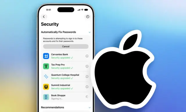 iPhone-Bildschirm zeigt "Sicherheit" mit der Option "Passwörter automatisch reparieren", was auf einen iPhone Passwort Manager hindeutet.