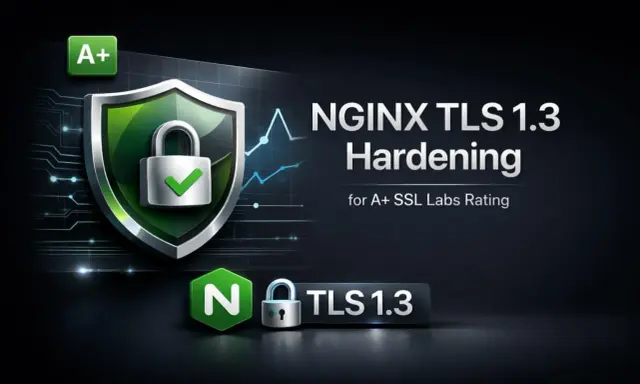 NGINX TLS 1.3 Hardening für A+ SSL Labs Rating. Ein Schild mit Schloss und Haken symbolisiert Sicherheit.