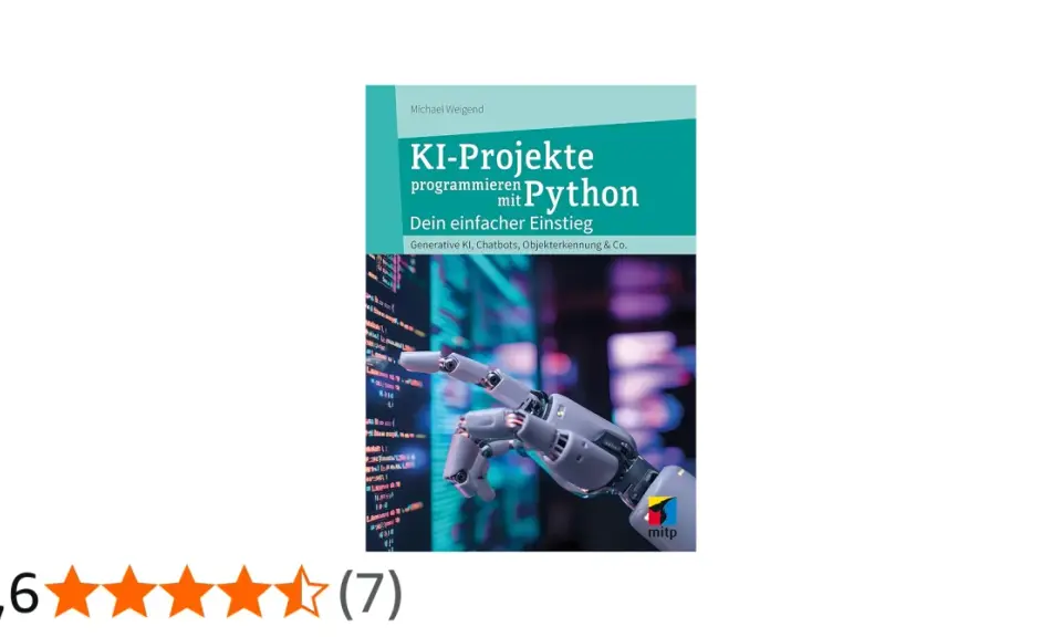 Buchcover: KI-Projekte programmieren mit Python. Ein Roboterfinger zeigt auf Code.