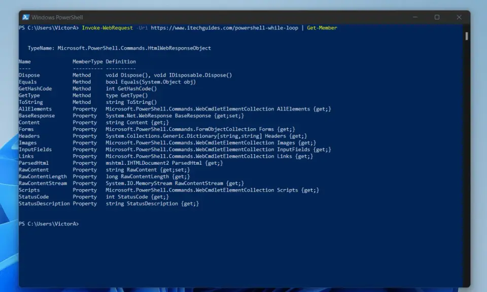 PowerShell-Fenster zeigt `Invoke-WebRequest` mit `Get-Member`, um die Eigenschaften des `HtmlWebResponseObject` zu untersuchen.