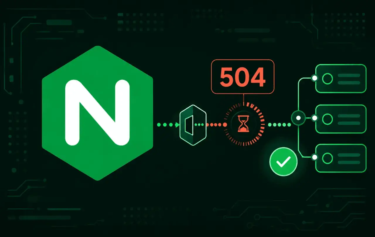 Nginx-Logo, 504-Fehler, Sanduhr-Symbol und ein grüner Haken. Dies illustriert den nginx proxy_read_timeout.