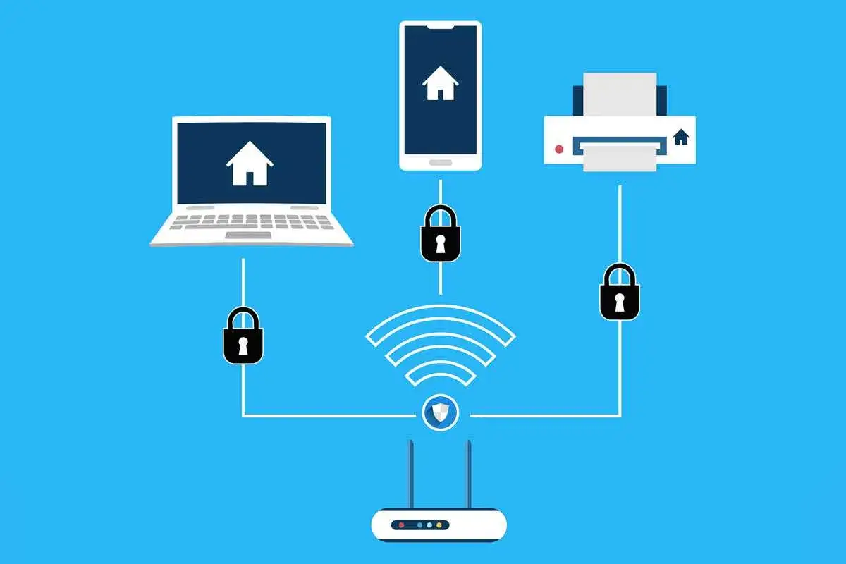 Ein Router mit WLAN-Symbol, verbunden mit Laptop, Smartphone und Drucker. Schl&ouml;sser symbolisieren Sicherheit, aber ein Hackerangriff auf den Router k&ouml;nnte alles gef&auml;hrden.