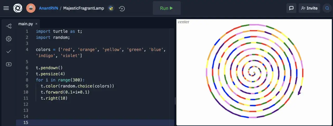 Python Turtle online Code zeichnet eine bunte Spirale.