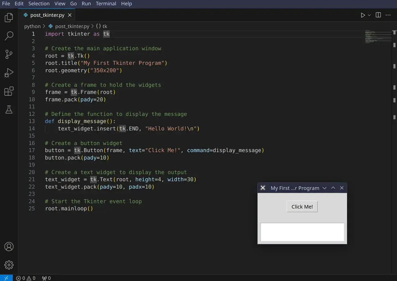 Python-Code f&uuml;r ein tkinter text-Fenster mit einem Button, der 