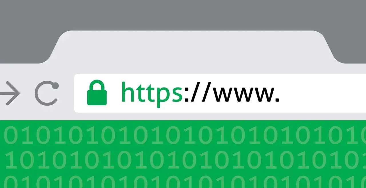 Browser-Fenster zeigt HTTPS-Adresse mit Schloss-Symbol. Hintergrund aus bin&auml;rem Code symbolisiert die Notwendigkeit von certbot renew f&uuml;r sichere Verbindungen.