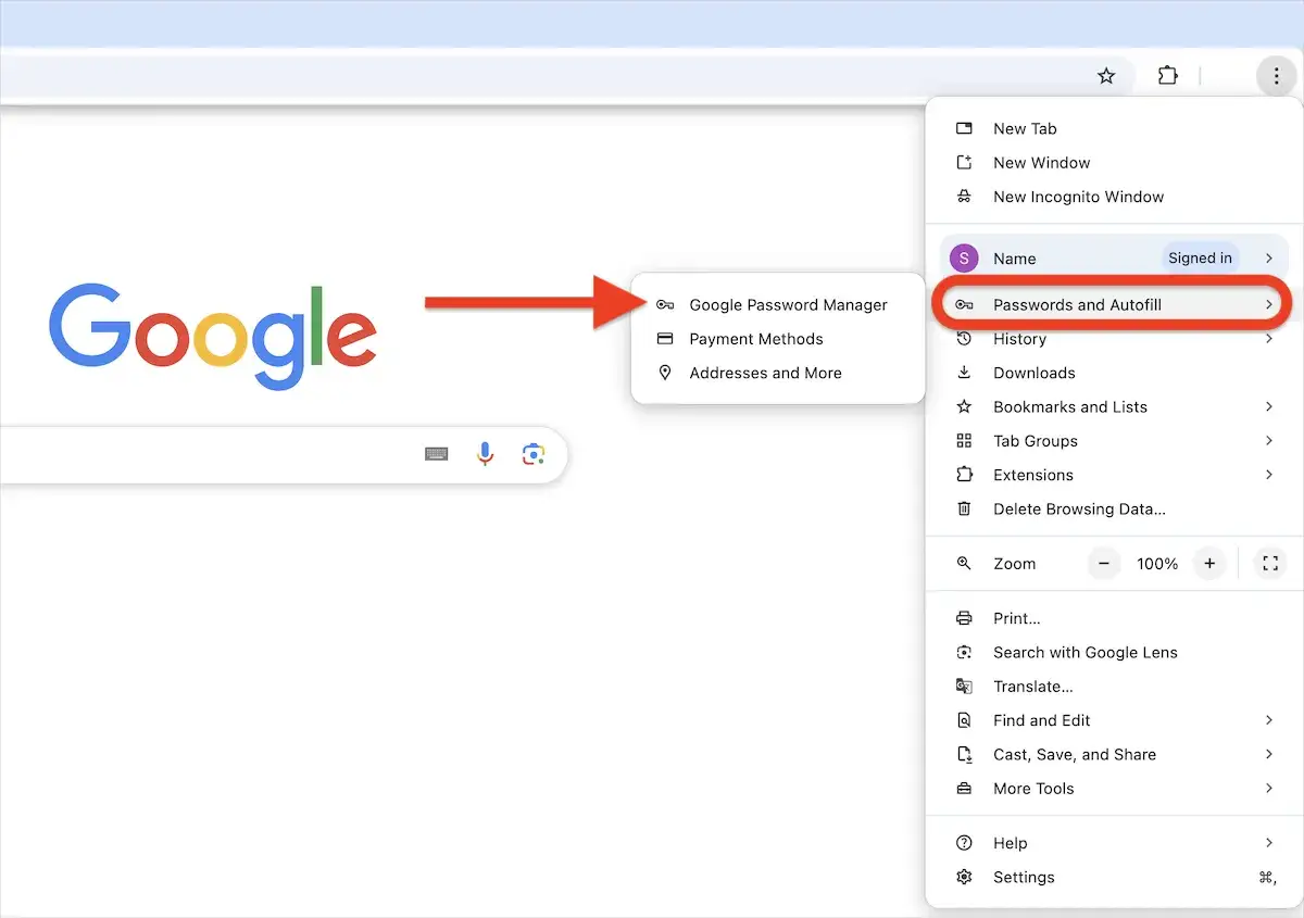 Google Chrome Men&uuml;: 