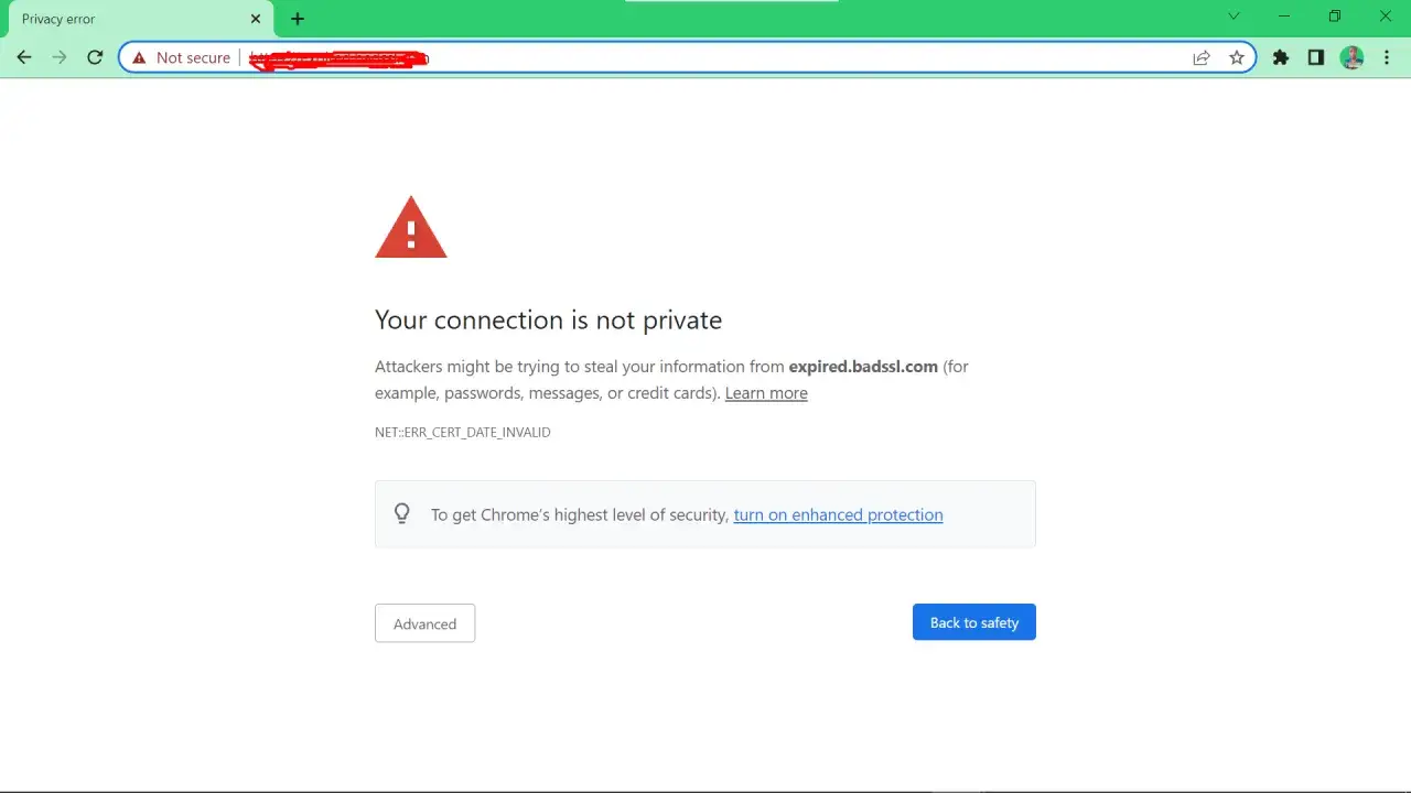 Chrome zeigt eine Fehlermeldung: 