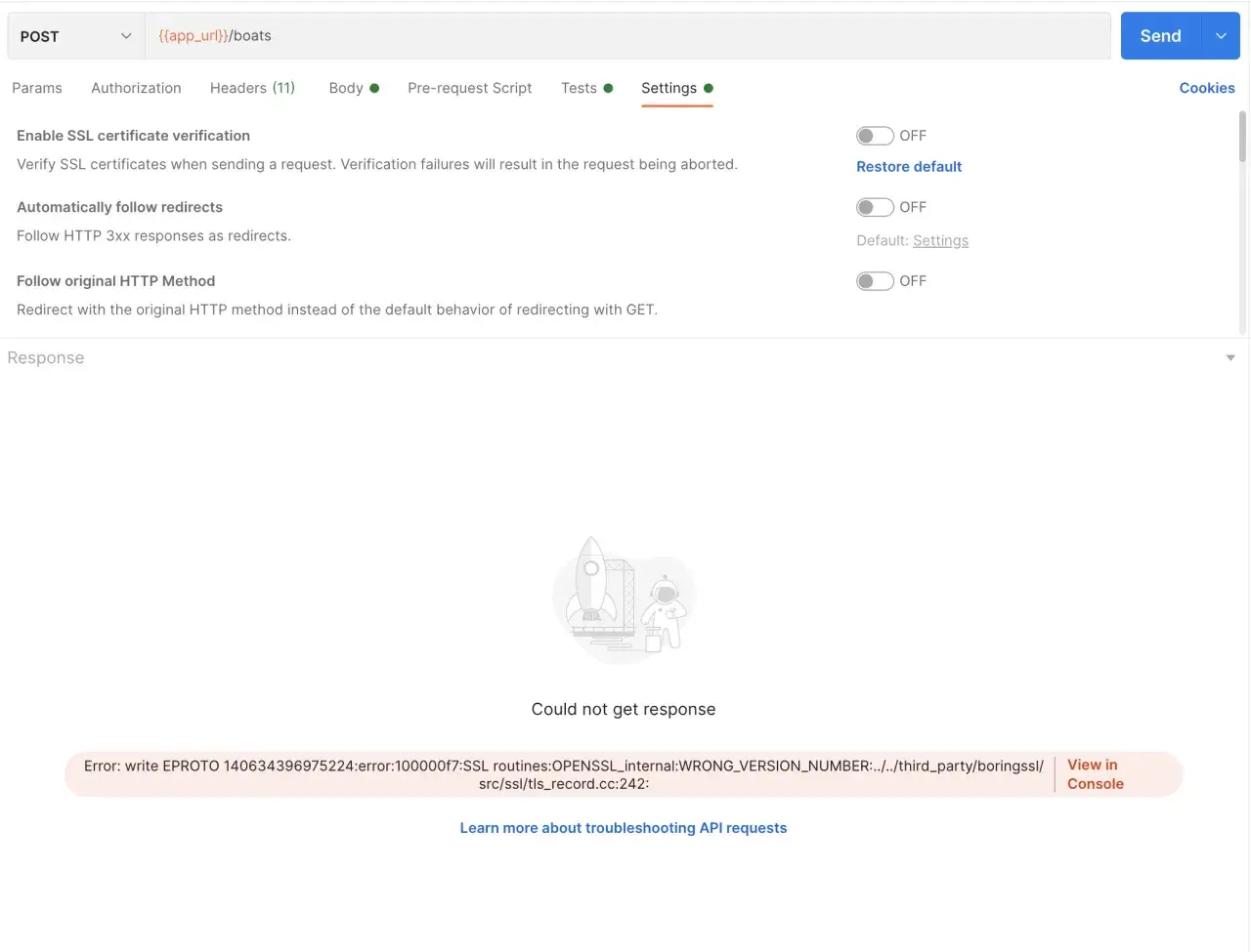 Fehler: Postman kann das erste Zertifikat nicht verifizieren. SSL-Zertifikatspr&uuml;fung ist deaktiviert.