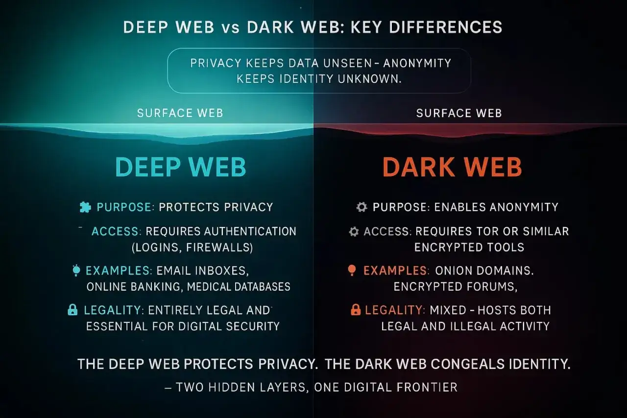Vergleich von Deep Web und Dark Web: Deep Web sch&uuml;tzt Privatsph&auml;re (E-Mails, Online-Banking), Dark Web erm&ouml;glicht Anonymit&auml;t (Tor, illegale Aktivit&auml;ten).