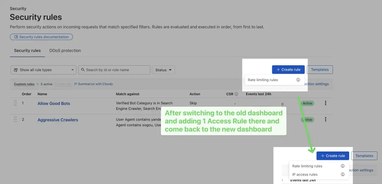 Cloudflare-Dashboard zeigt Optionen f&uuml;r 