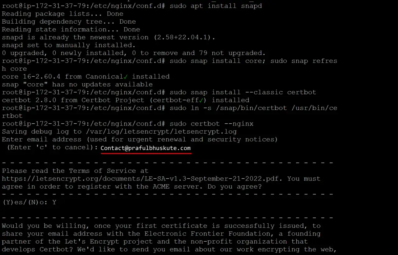 Installation von Certbot auf Ubuntu mit Snap. E-Mail-Adresse f&uuml;r Benachrichtigungen wird eingegeben.