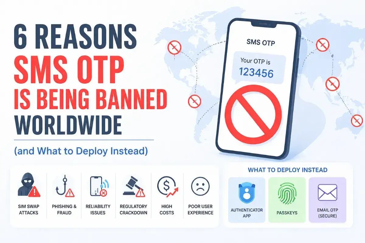 6 Gr&uuml;nde, warum SMS OTP weltweit verboten wird. Ein Smartphone zeigt einen OTP-Code, der durch ein rotes Verbotsschild durchgestrichen ist. Alternativen sind Authenticator Apps, Passkeys und sicheres E-Mail-OTP.