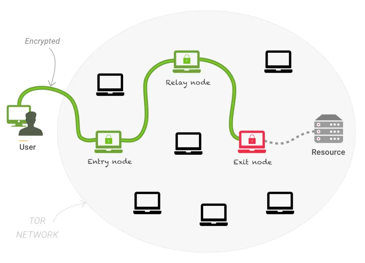 Schema zeigt, wie funktioniert das darknet: User-Daten werden verschl&uuml;sselt &uuml;ber Entry, Relay und Exit Nodes zu einer Ressource geleitet.