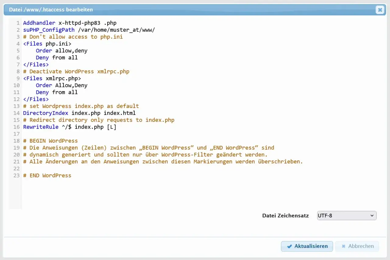 Apache-Konfiguration mit RewriteRule f&uuml;r einen permanenten Redirect auf index.php. Verhindert Zugriff auf php.ini und xmlrpc.php.