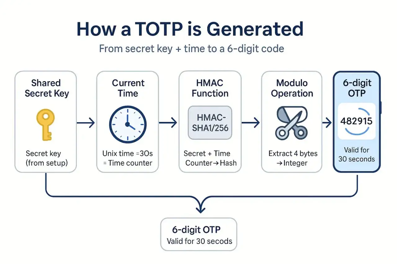 So funktioniert ein TOTP: Ein geheimer Schl&uuml;ssel und die aktuelle Zeit werden zu einem 6-stelligen Code kombiniert, der 30 Sekunden g&uuml;ltig ist.