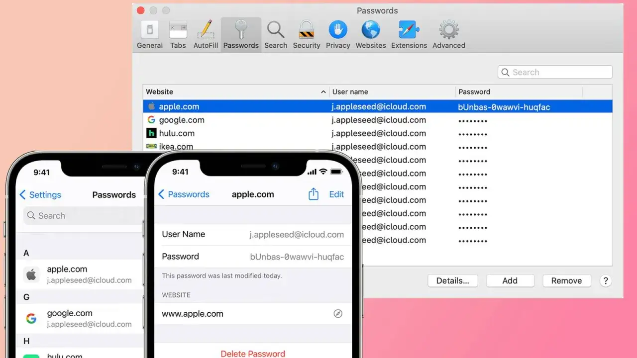 iCloud Passw&ouml;rter-Manager zeigt Websites, Benutzernamen und Passw&ouml;rter auf Mac und iPhone.