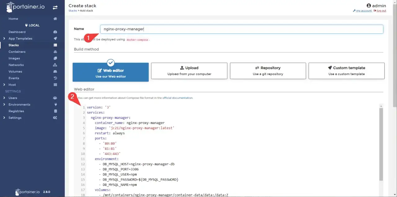 Konfiguration f&uuml;r nginx-proxy-manager im Web-Editor von Portainer. Der Stack wird mit Docker Compose bereitgestellt.