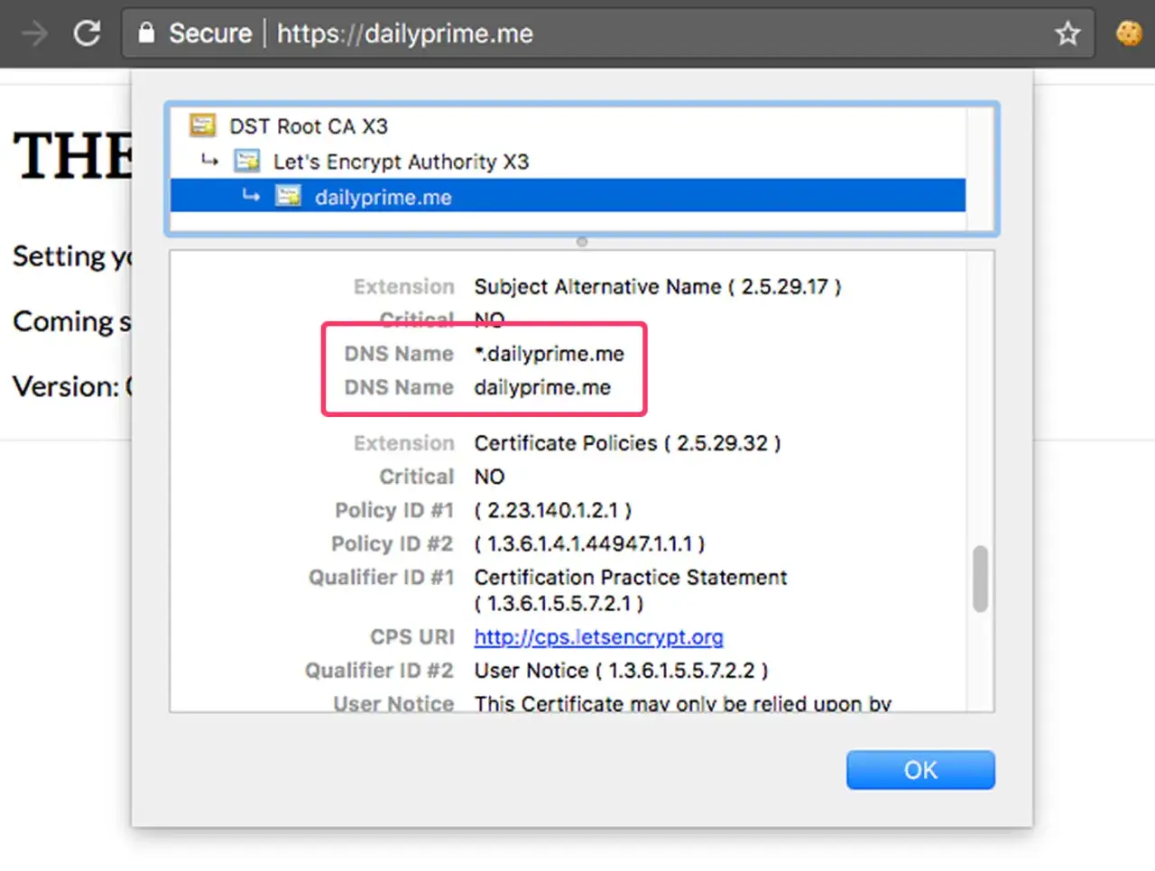 Certbot-generiertes Wildcard-Zertifikat f&uuml;r *.dailyprime.me und dailyprime.me, ausgestellt von Let's Encrypt.