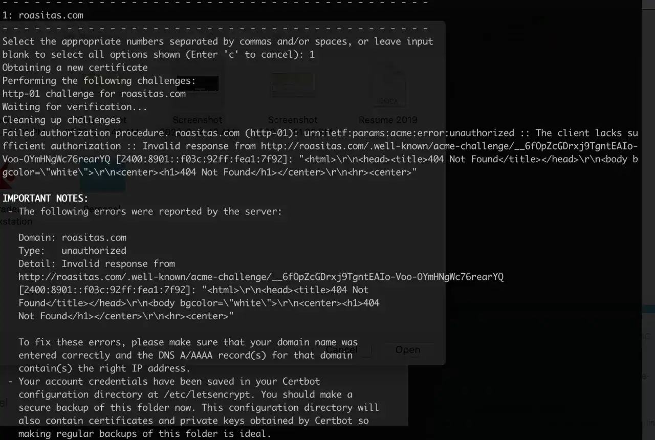 Fehler bei der Zertifikatsausstellung f&uuml;r roasitas.com: Ung&uuml;ltige Autorisierung. Der Nginx-Plugin-Fehler deutet auf ein Problem mit der Serverantwort hin.