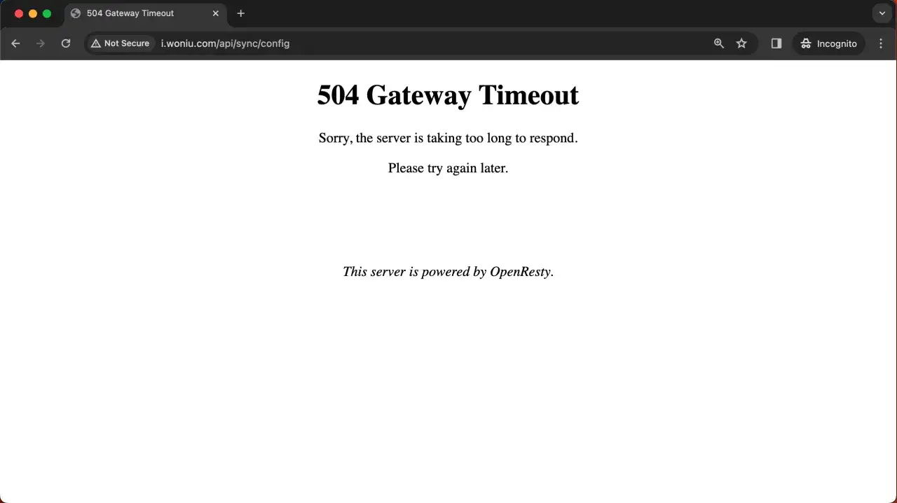504 Gateway Timeout-Fehler im Browser, der auf einen zu langen nginx proxy_read_timeout hinweist. Der Server antwortet nicht rechtzeitig.