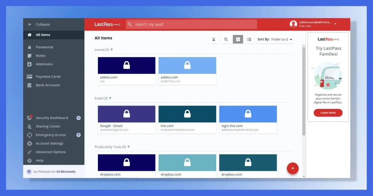 LastPass-Oberfl&auml;che mit Eintr&auml;gen f&uuml;r Websites und E-Mails. Ein 