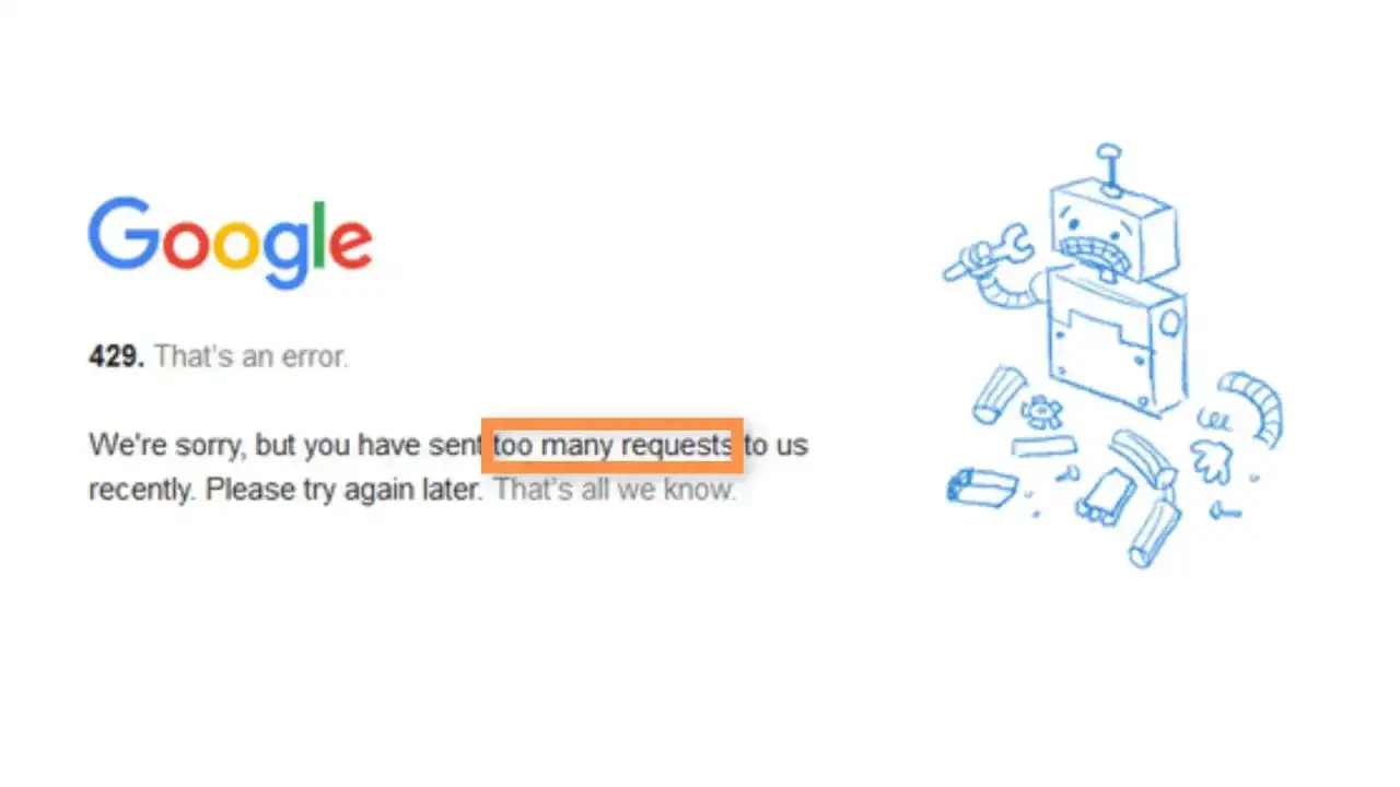 Google-Fehler 429: Zu viele Anfragen. Ein trauriger Roboter mit Werkzeug liegt neben zerlegten Teilen.