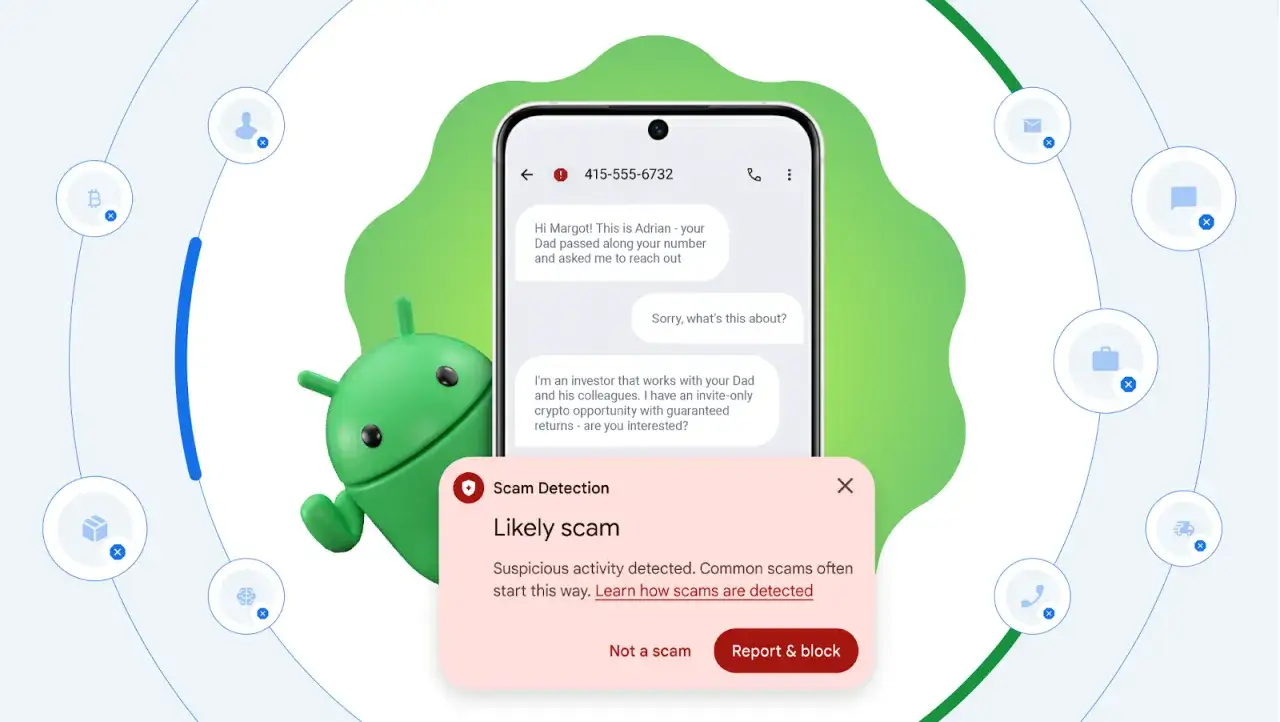 Android-Figur neben Handy, das eine verd&auml;chtige Nachricht anzeigt. So erkennst du, was bedeutet Spam auf dem Handy.