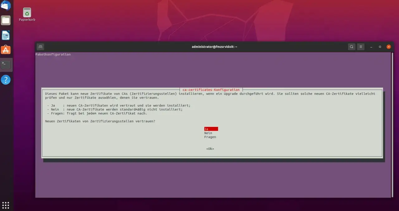 Ubuntu-Terminal fragt, ob neuen CA-Zertifikaten vertraut werden soll, um die Installation von ca-certificates zu konfigurieren.