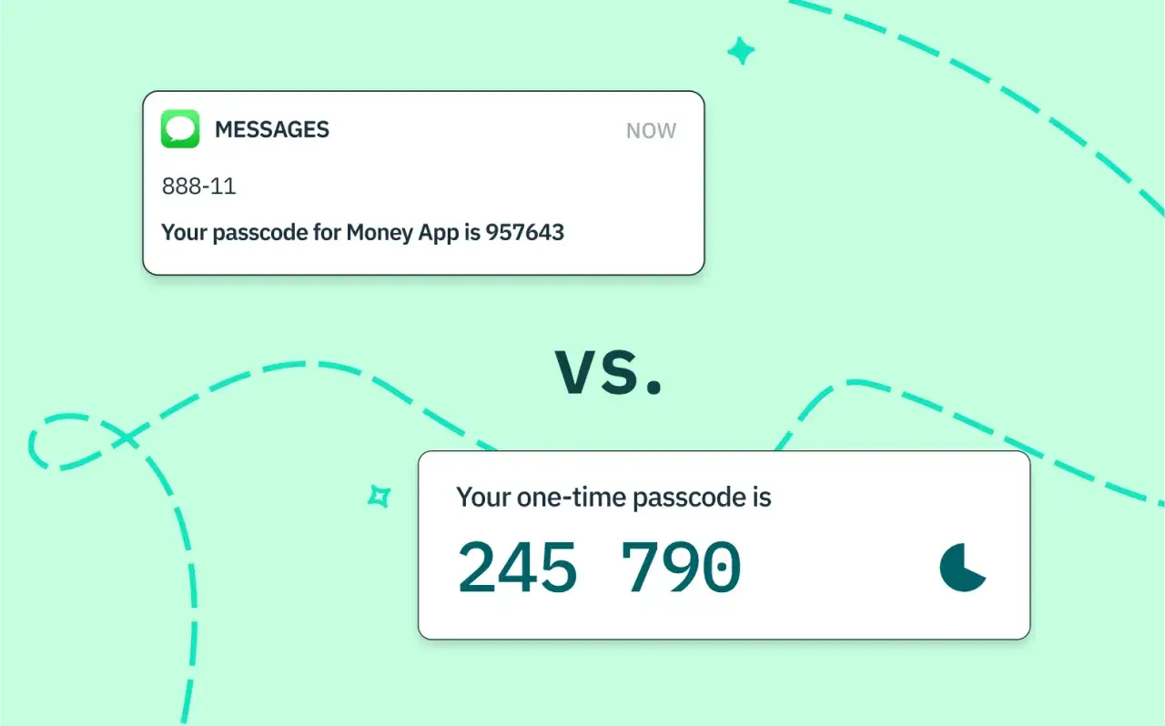 SMS Authentifizierung: Ein SMS-Passcode f&uuml;r eine Geld-App (957643) wird mit einem Einmalpasscode (245 790) verglichen.