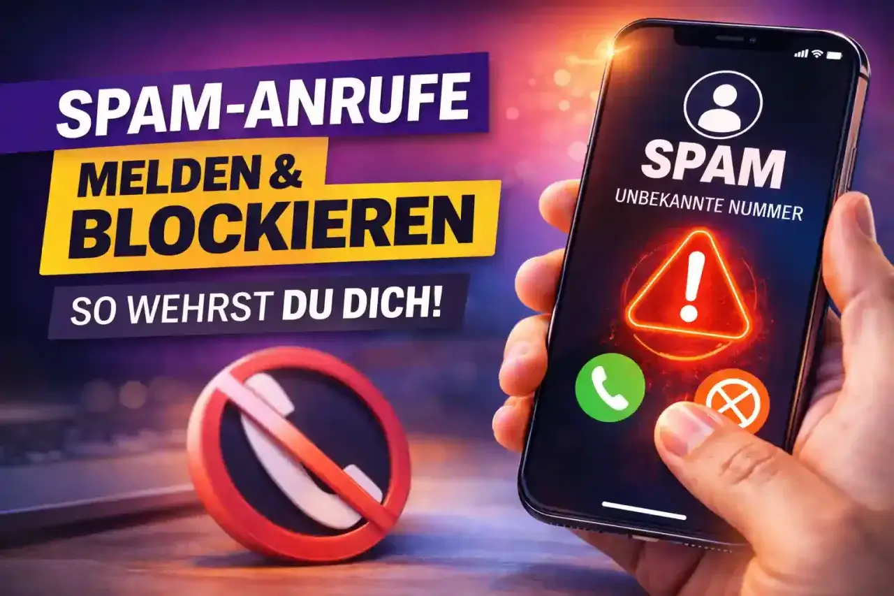 Hand h&auml;lt Smartphone mit Warnung vor SPAM-Anrufen. Eine rote Telefonsymbol-Durchstreichung zeigt, wie man eine spam nummer blockiert.