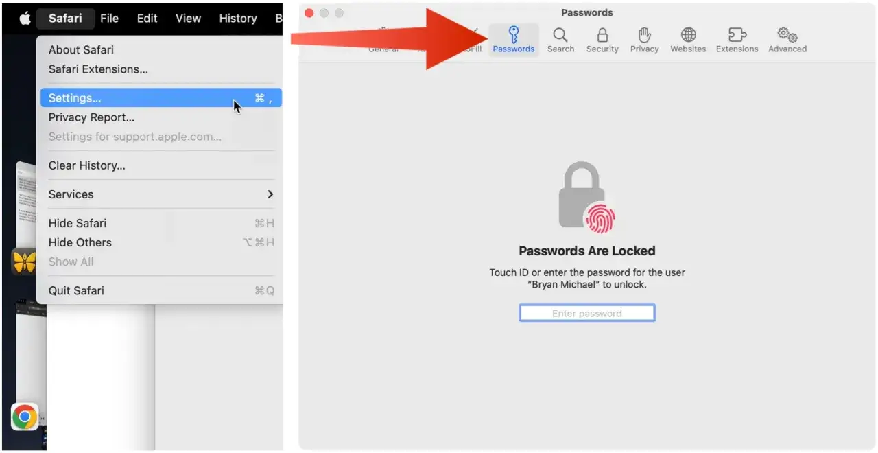 Safari-Einstellungen &ouml;ffnen, um den Safari password manager zu verwalten. Passw&ouml;rter sind gesperrt.