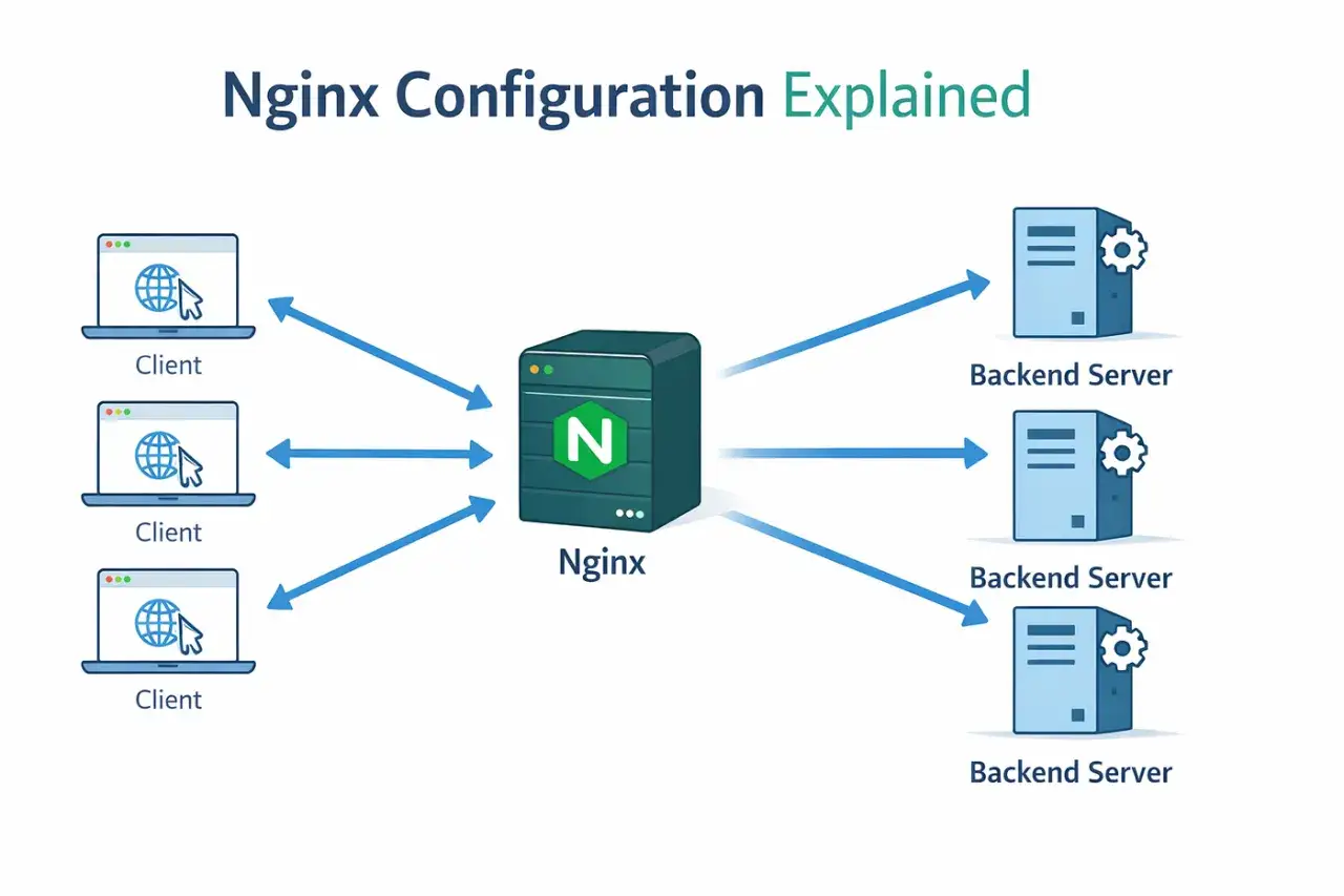 Diagramm zeigt, wie Clients &uuml;ber Nginx mit Backend-Servern kommunizieren. Nginx fungiert als zentraler Punkt f&uuml;r Anfragen.