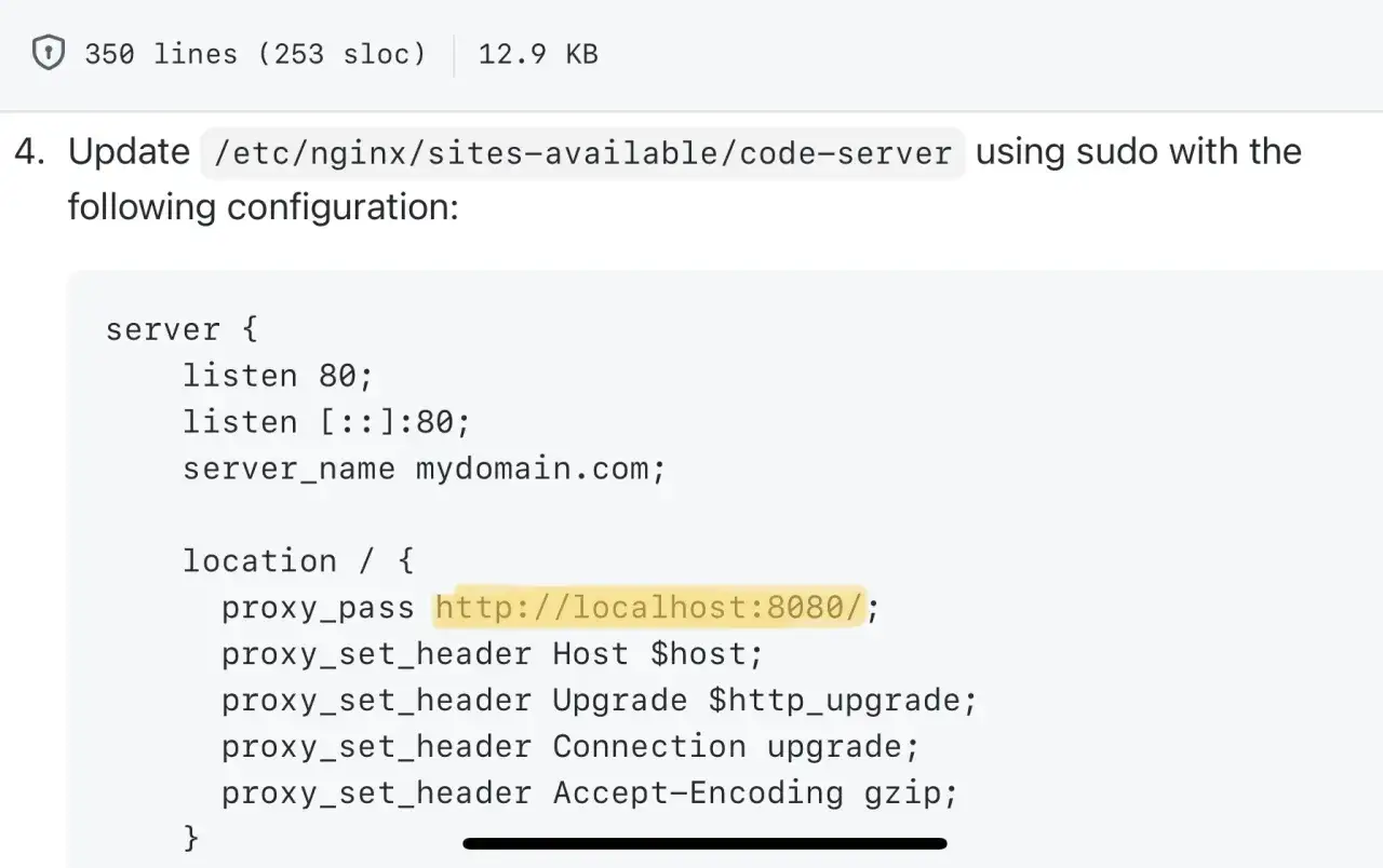 Nginx-Konfiguration: Proxy-Pass leitet Anfragen an localhost:8080 weiter. Ein Kommentar erkl&auml;rt die nginx config.