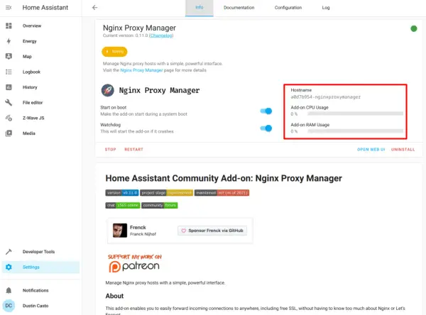 Home Assistant zeigt die Nginx Proxy Manager Add-on-Konfiguration mit Hostnamen und Ressourcennutzung an.