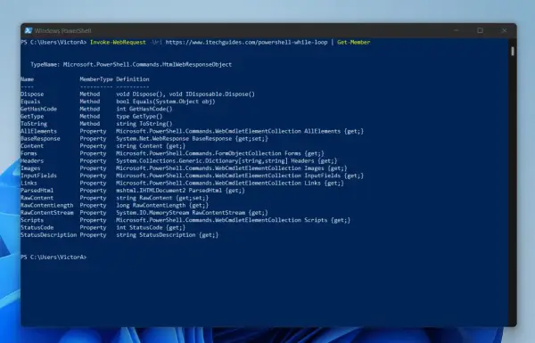 PowerShell-Fenster zeigt `Invoke-WebRequest` mit `Get-Member`, um die Eigenschaften des `HtmlWebResponseObject` zu untersuchen.