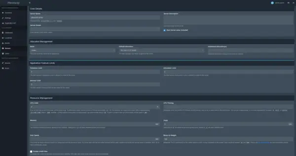 Pterodactyl-Panel-Einstellungen für einen Minecraft-Server, inklusive CPU-Limit, Speicher und Festplattenspeicher.