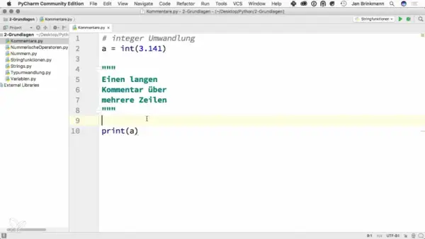Python-Code in PyCharm zeigt, wie man mit """ mehrere zeilen auskommentieren kann.